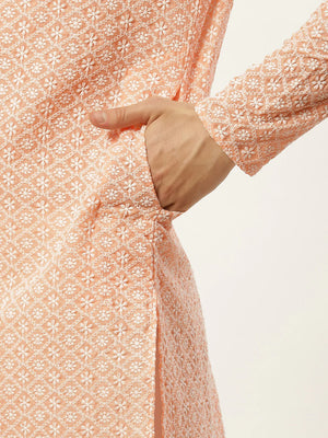 Men's Orange Cotton Embellished Kurta Set