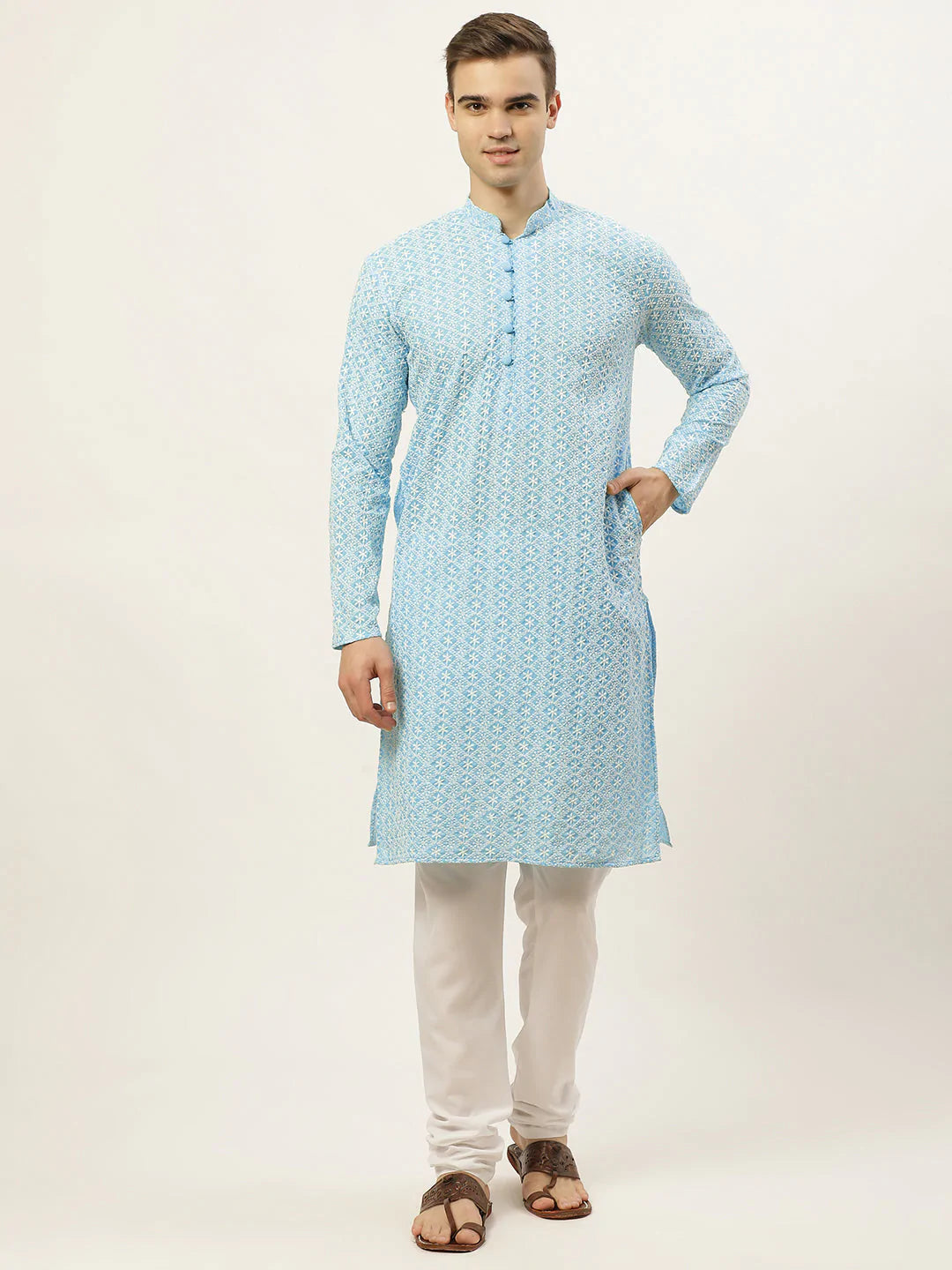Men's Blue Cotton Embellished Kurta Top
