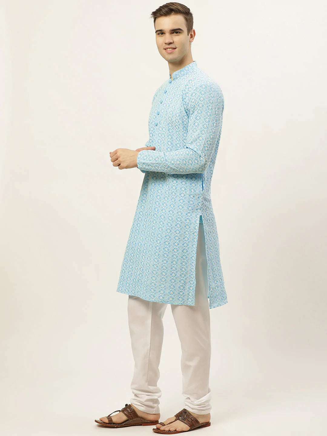 Men's Blue Cotton Embellished Kurta Top