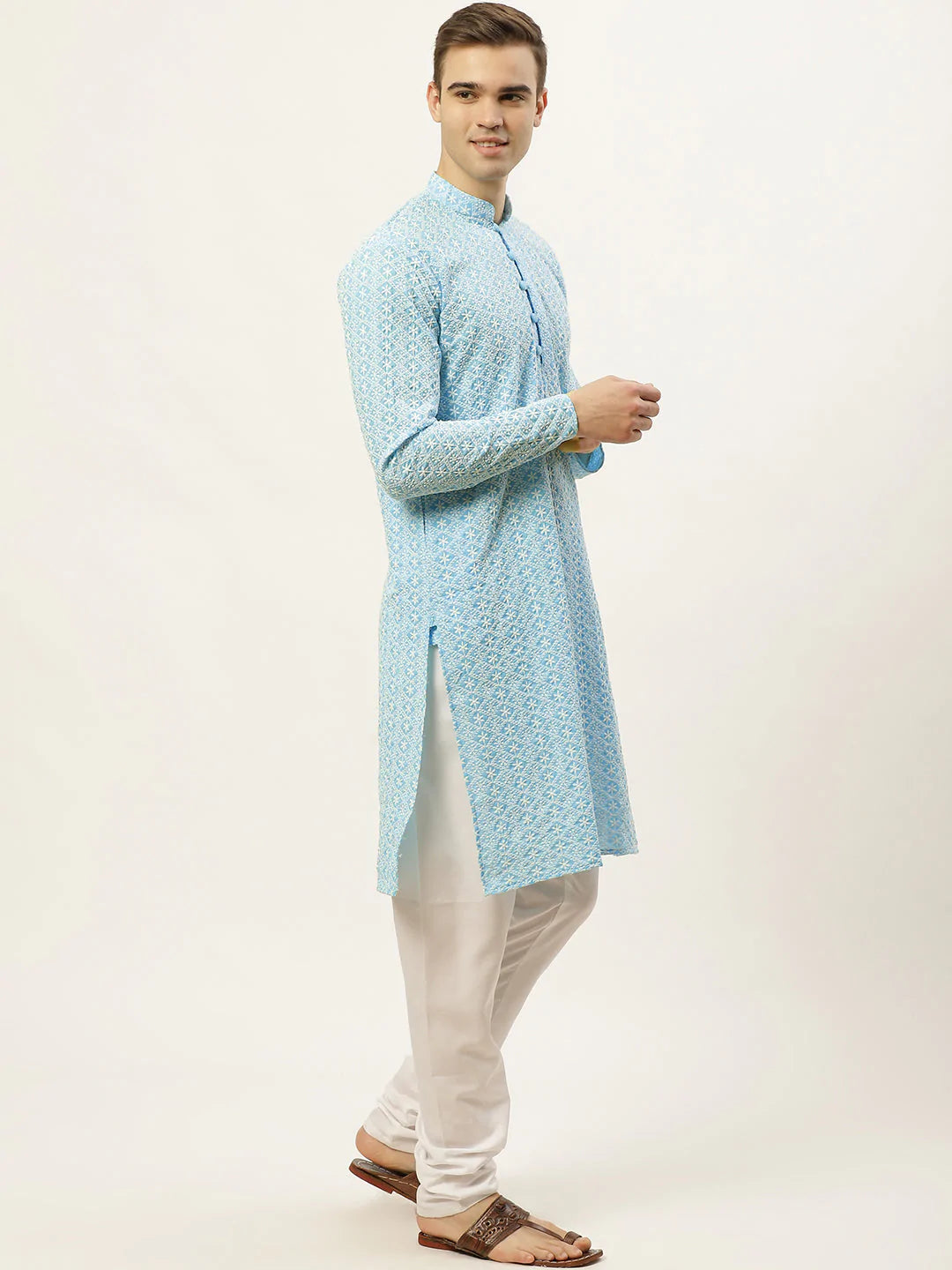Men's Blue Cotton Embellished Kurta Top