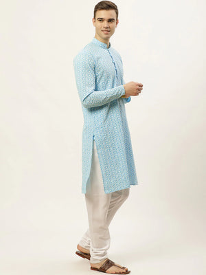 Men's Blue Cotton Embellished Kurta Top