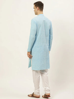 Men's Blue Cotton Embellished Kurta Set