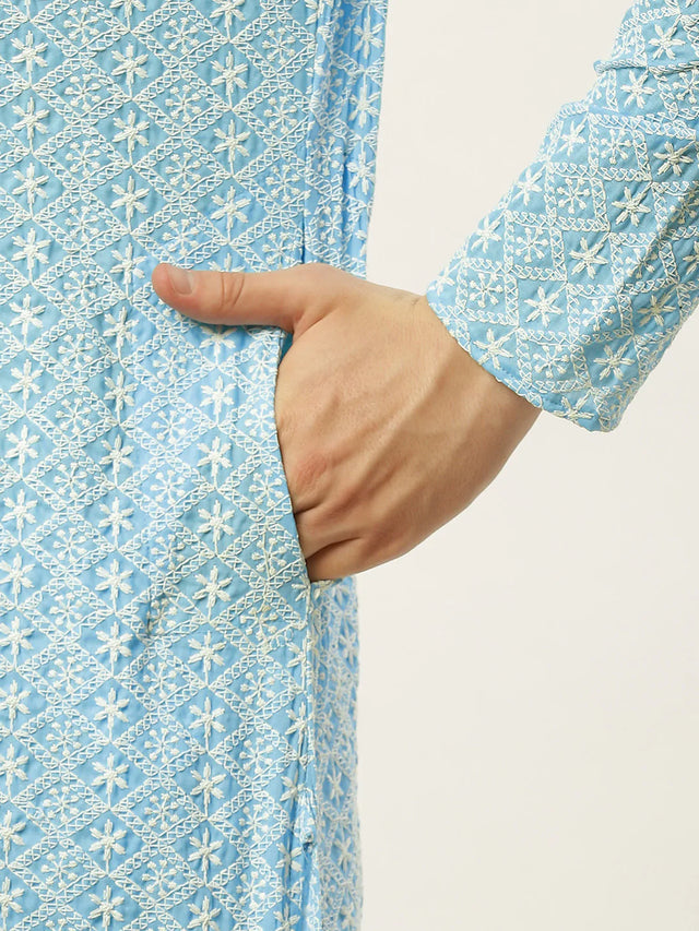 Men's Blue Cotton Embellished Kurta Set