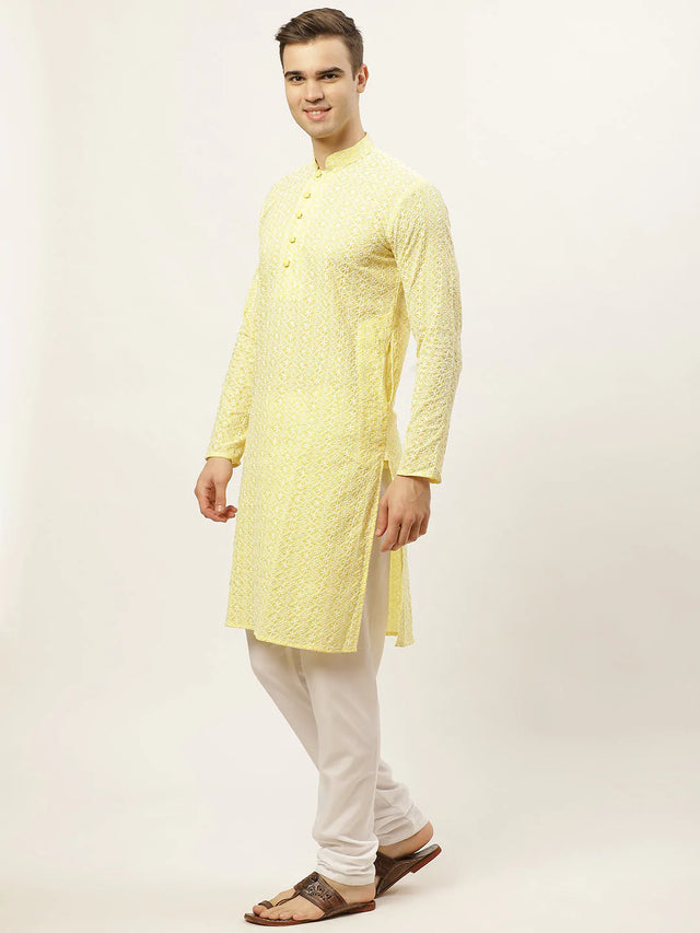 Men's Yellow Cotton Embellished Kurta Top