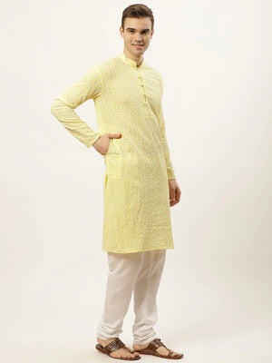 Men's Yellow Cotton Embellished Kurta Top