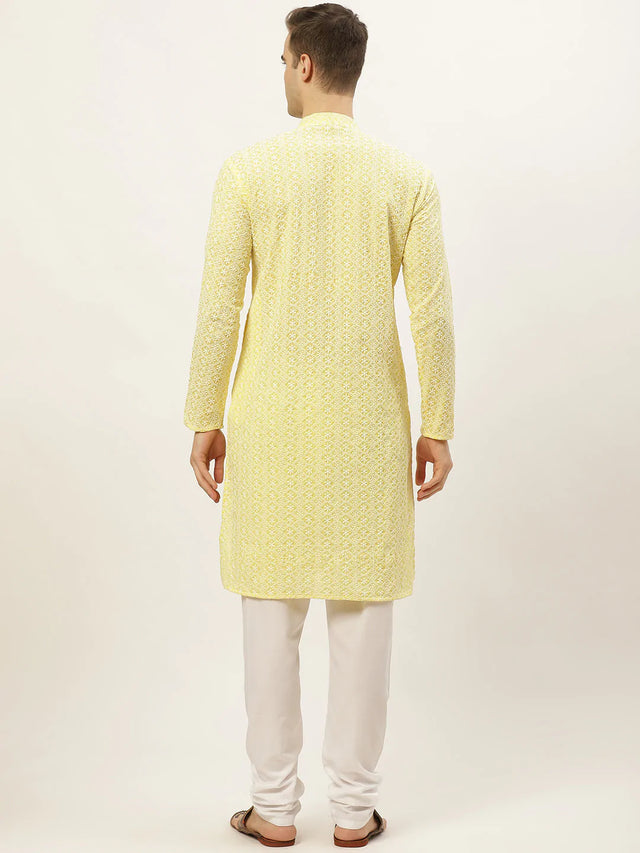 Men's Yellow Cotton Embellished Kurta Top