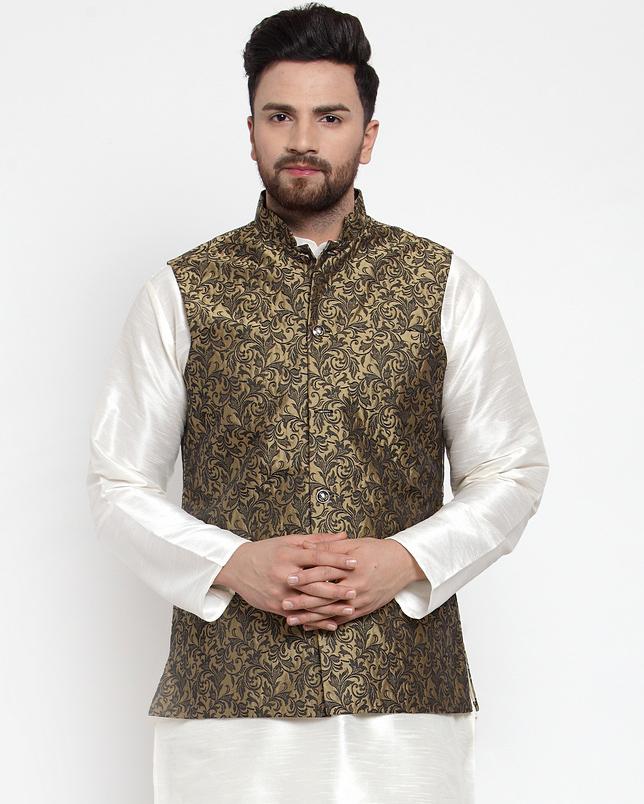 Men's Gold Cotton Woven Nehru Jacket (JOWC_4004_Golden)