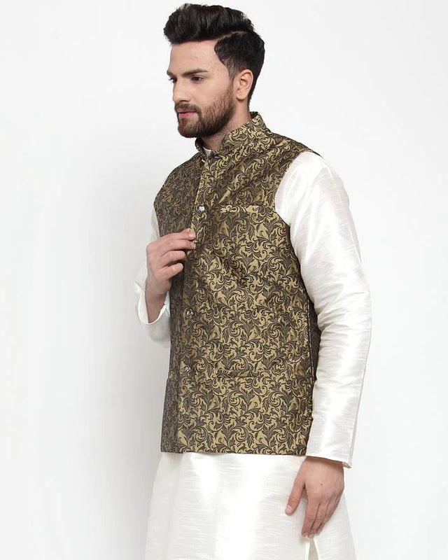 Men's Gold Cotton Woven Nehru Jacket (JOWC_4004_Golden)