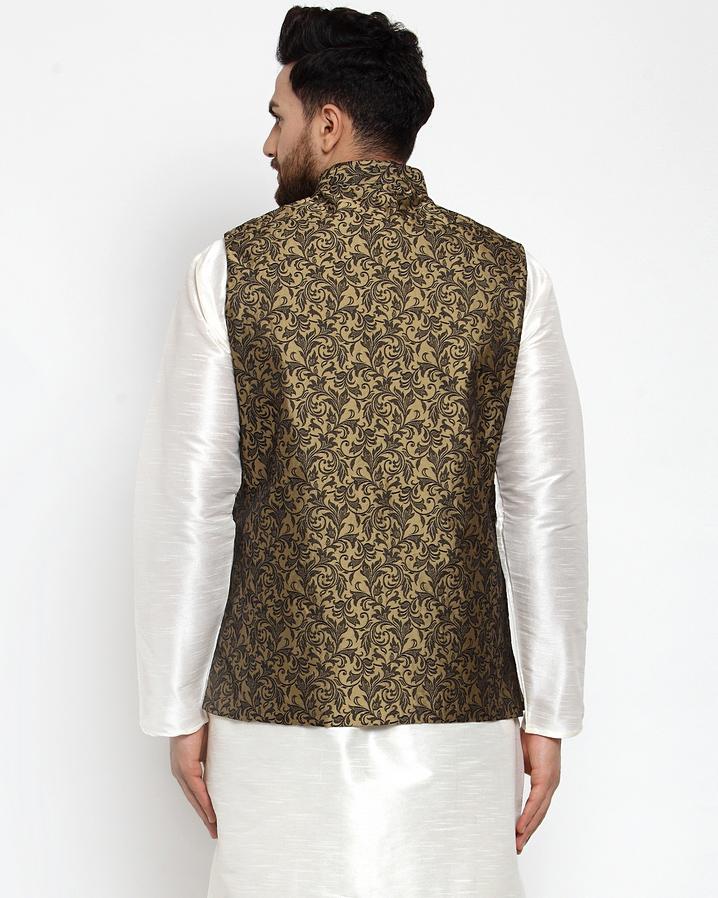 Men's Gold Cotton Woven Nehru Jacket (JOWC_4004_Golden)