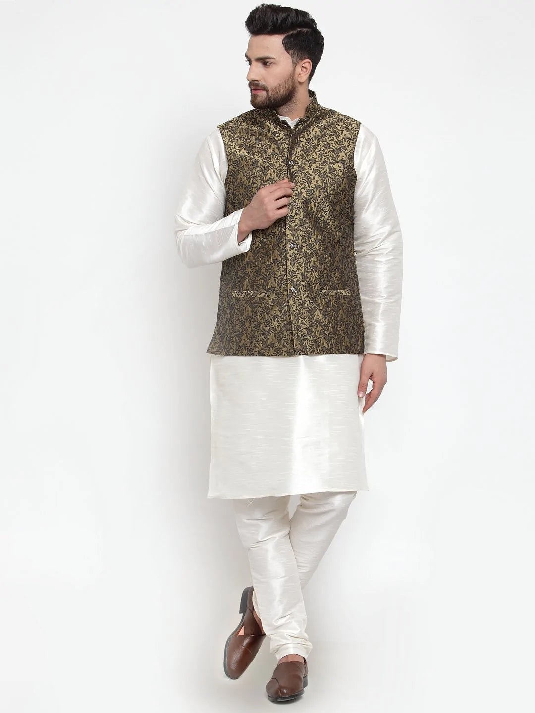 Men's Gold Cotton Woven Nehru Jacket (JOWC_4004_Golden)