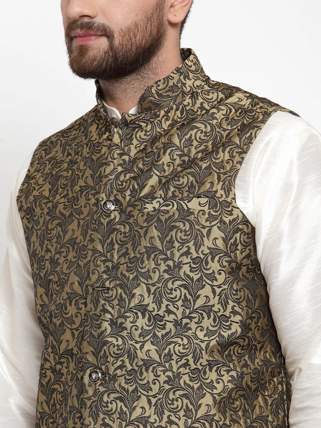 Men's Gold Cotton Woven Nehru Jacket (JOWC_4004_Golden)