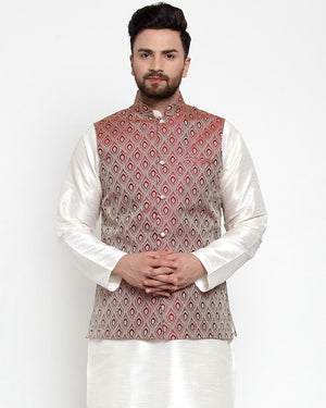 Men's Maroon Silk Woven Nehru Jacket (JOWC_4006_Maroon)