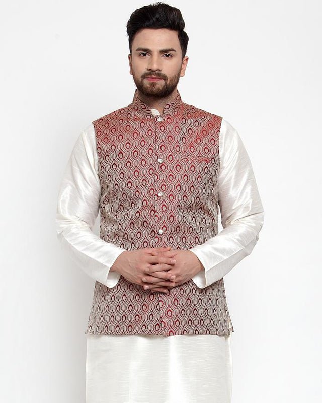 Men's Maroon Silk Woven Nehru Jacket (JOWC_4006_Maroon)