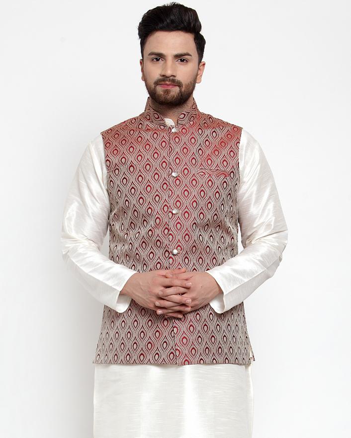 Men's Maroon Silk Woven Nehru Jacket (JOWC_4006_Maroon)