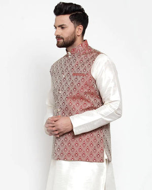 Men's Maroon Silk Woven Nehru Jacket (JOWC_4006_Maroon)