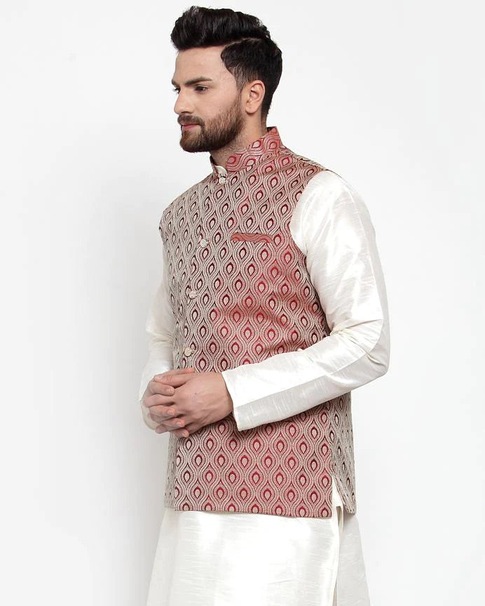 Men's Maroon Silk Woven Nehru Jacket (JOWC_4006_Maroon)