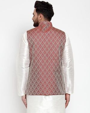 Men's Maroon Silk Woven Nehru Jacket (JOWC_4006_Maroon)