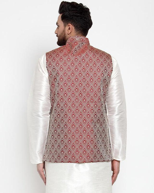 Men's Maroon Silk Woven Nehru Jacket (JOWC_4006_Maroon)