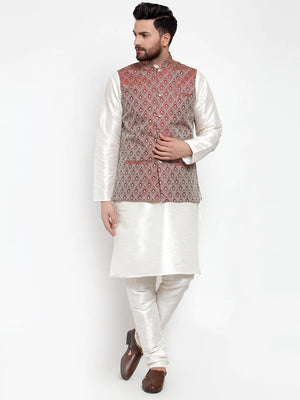 Men's Maroon Silk Woven Nehru Jacket (JOWC_4006_Maroon)
