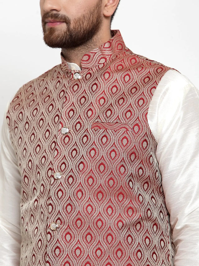 Men's Maroon Silk Woven Nehru Jacket (JOWC_4006_Maroon)