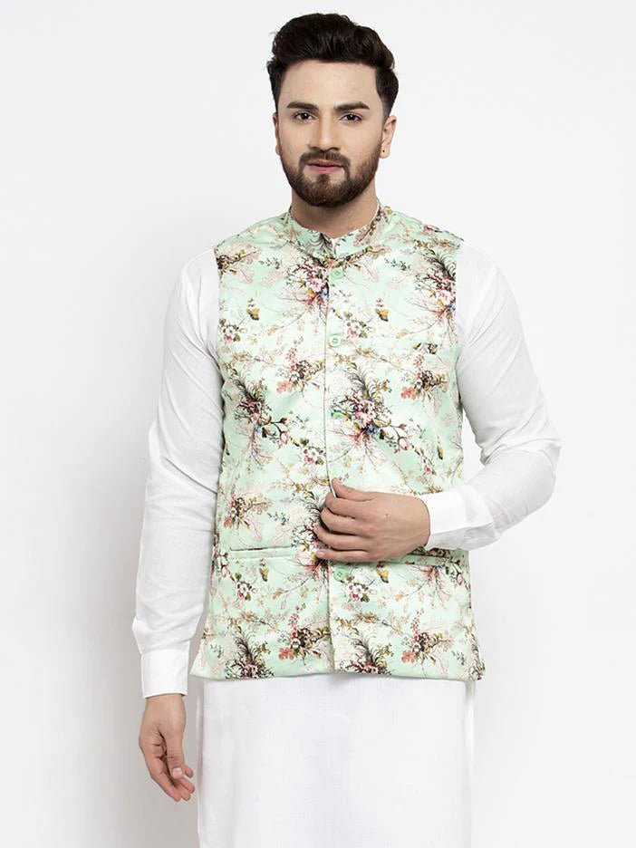 Men's Lime Silk Abstract Nehru Jacket (JOWC_4007Lime)