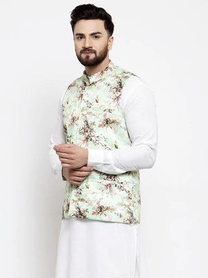 Men's Lime Silk Abstract Nehru Jacket (JOWC_4007Lime)
