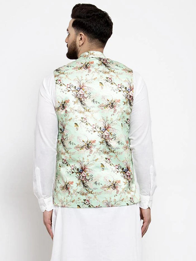 Men's Lime Silk Abstract Nehru Jacket (JOWC_4007Lime)