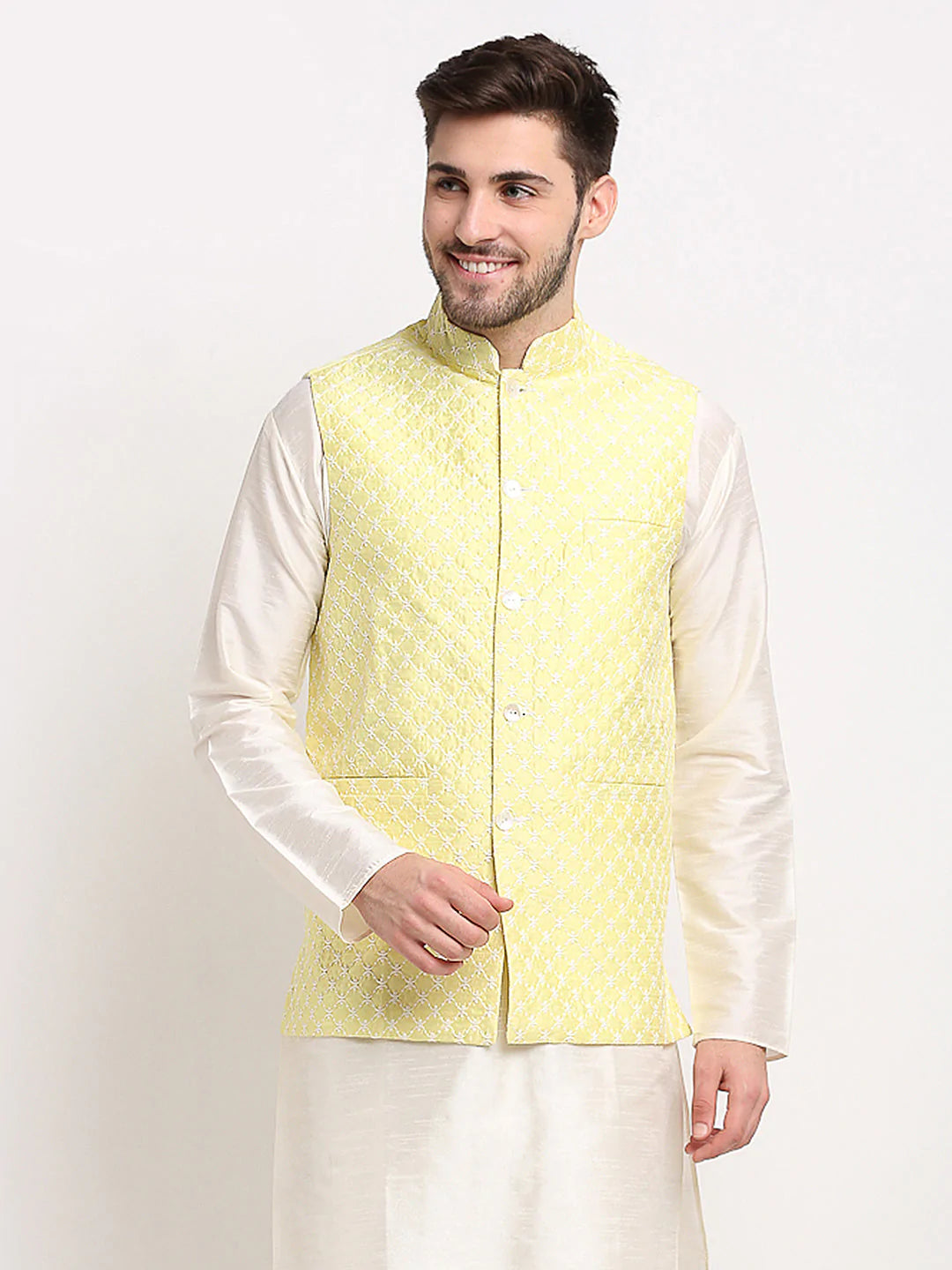 Men's Yellow Silk Blend Embroidered Nehru Jacket (JOWC_4029Yellow)
