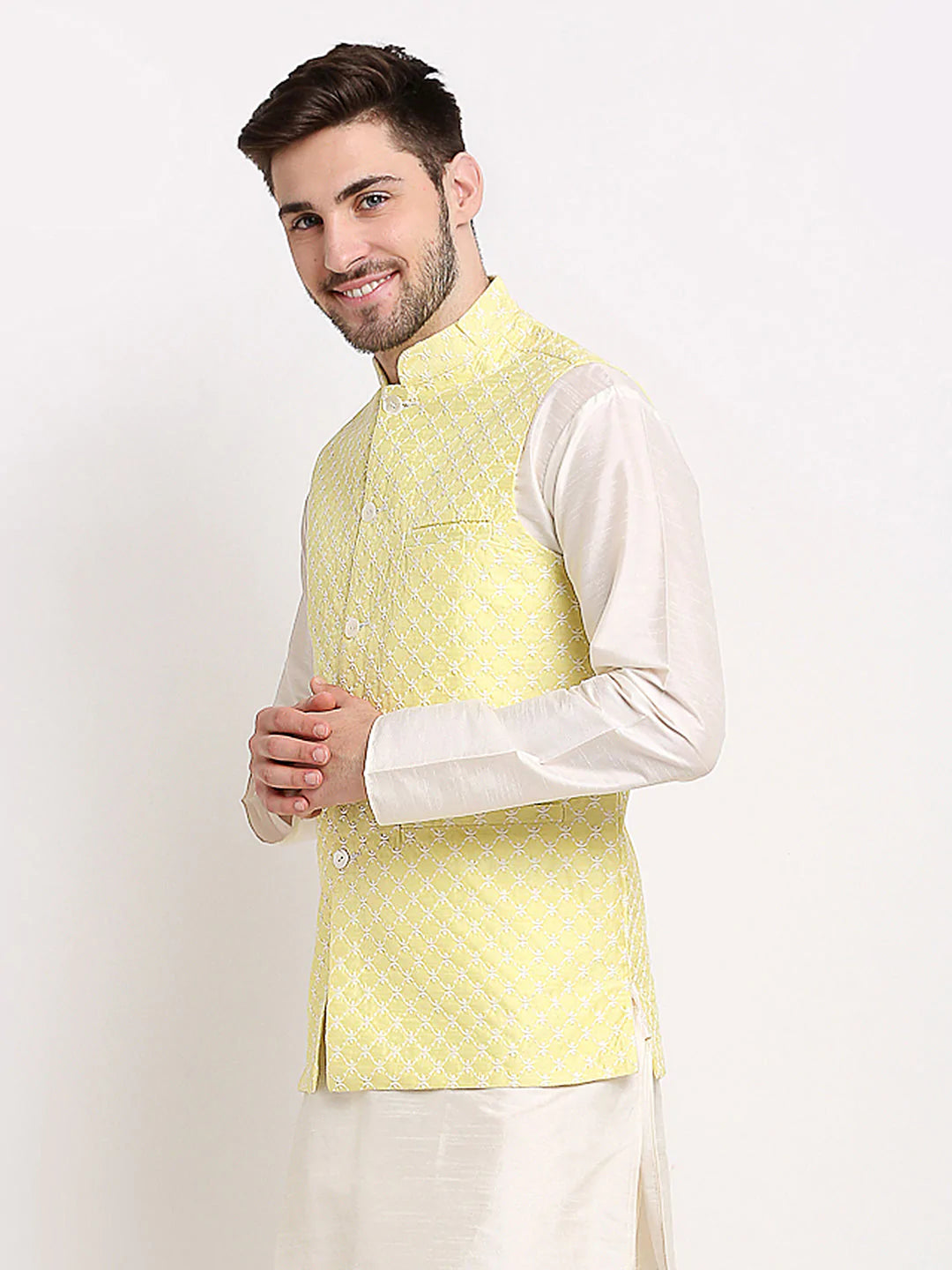 Men's Yellow Silk Blend Embroidered Nehru Jacket (JOWC_4029Yellow)
