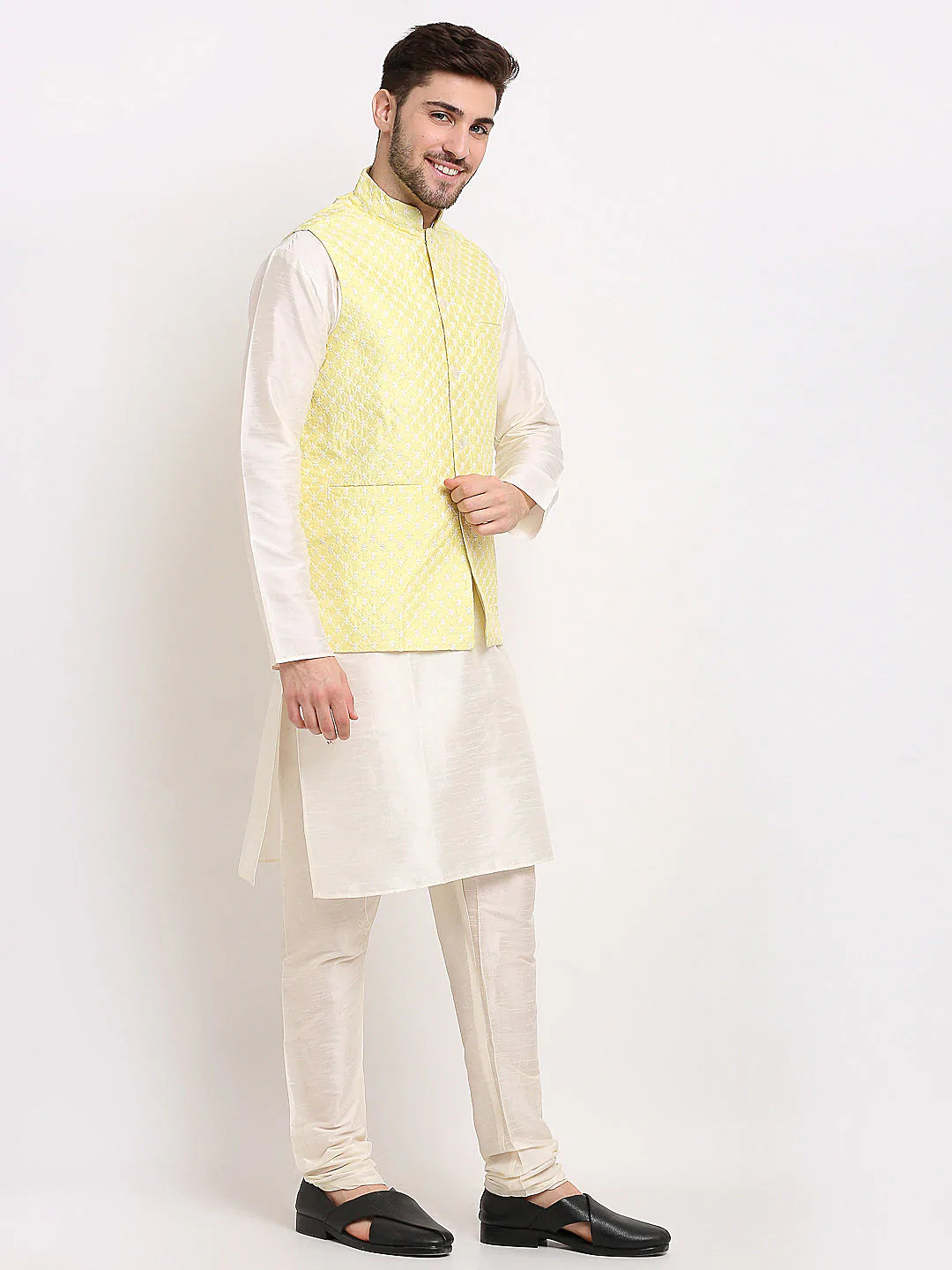 Men's Yellow Silk Blend Embroidered Nehru Jacket (JOWC_4029Yellow)