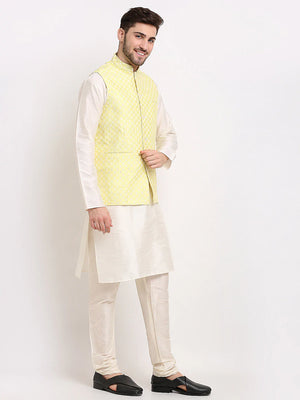 Men's Yellow Silk Blend Embroidered Nehru Jacket (JOWC_4029Yellow)