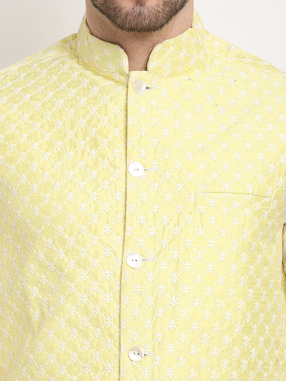 Men's Yellow Silk Blend Embroidered Nehru Jacket (JOWC_4029Yellow)