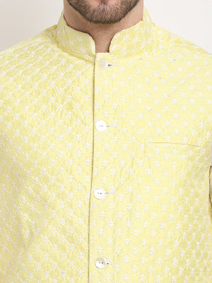 Men's Yellow Silk Blend Embroidered Nehru Jacket (JOWC_4029Yellow)
