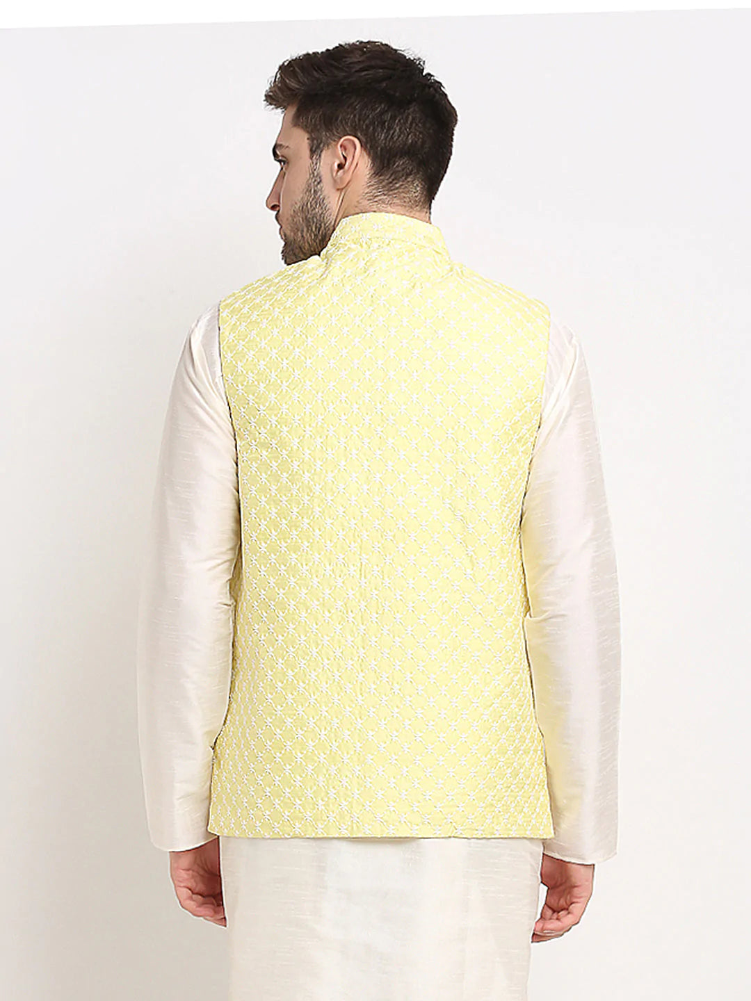 Men's Yellow Silk Blend Embroidered Nehru Jacket (JOWC_4029Yellow)
