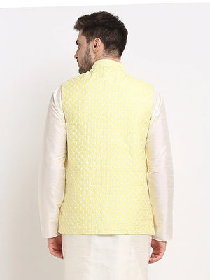 Men's Yellow Silk Blend Embroidered Nehru Jacket (JOWC_4029Yellow)