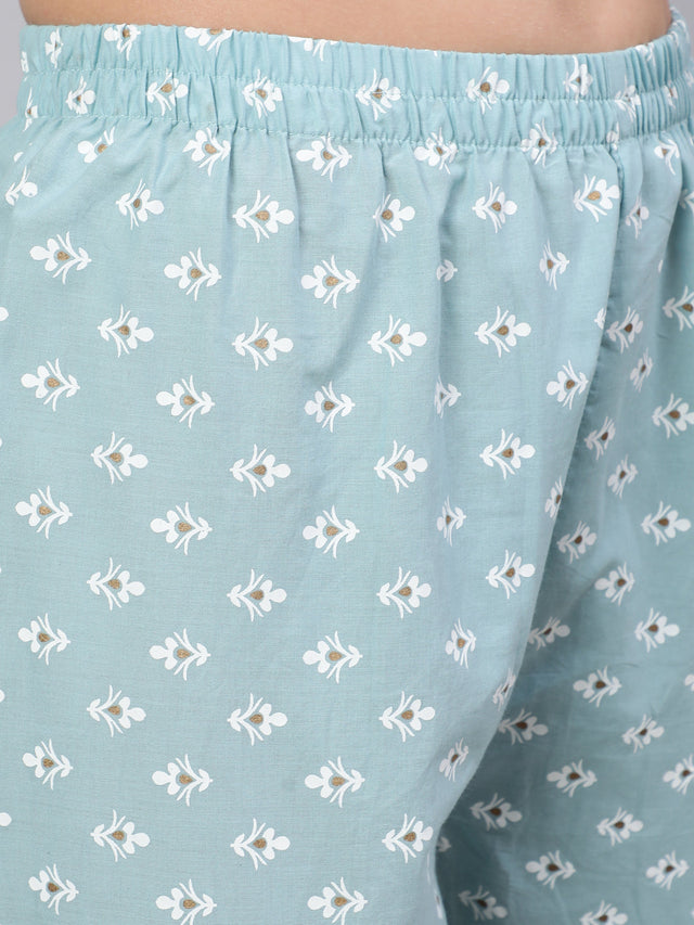 Blue  Pure Cotton Embroidered Kurti Pant Sets