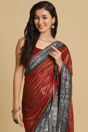 Buy Dark Red Zari Woven Party Wear Lycra Sarees Online - Front