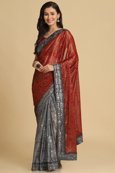 Buy Dark Red Zari Woven Party Wear Lycra Sarees Online - Zoom In