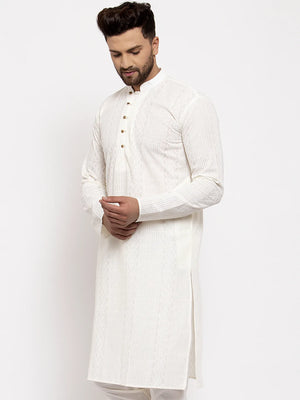 Men's Cream Cotton Embroidered Kurta Top