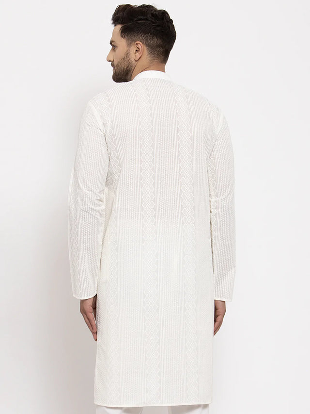 Men's Cream Cotton Embroidered Kurta Top