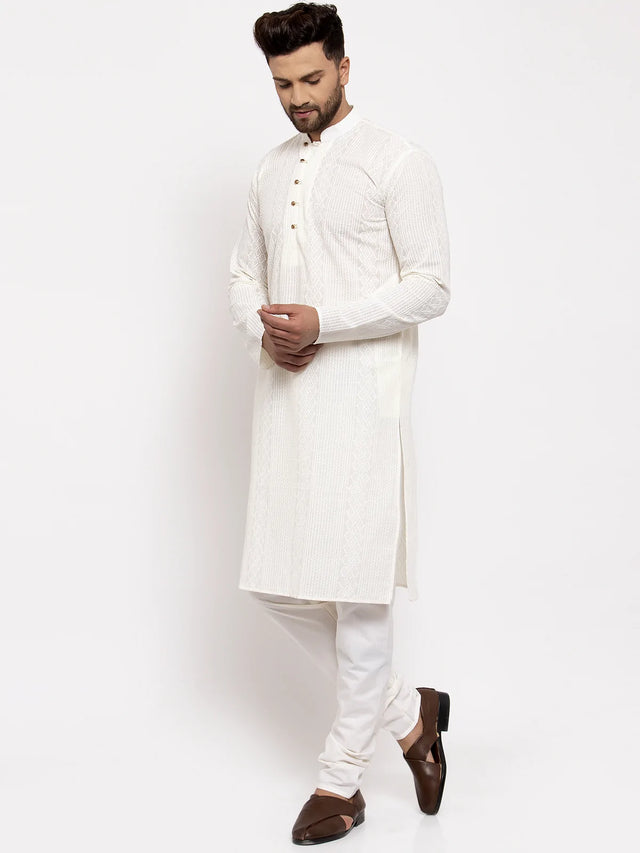 Men's Cream Cotton Embroidered Kurta Top