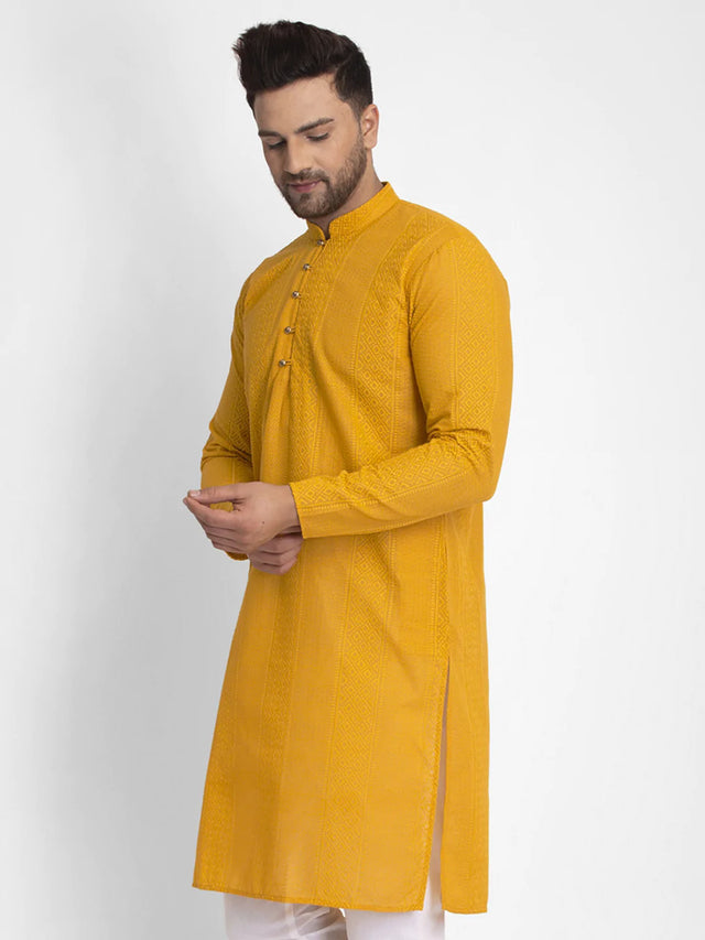Men's Mustard Cotton Embroidered Kurta Top