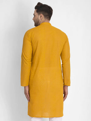 Men's Mustard Cotton Embroidered Kurta Top