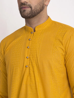 Men's Mustard Cotton Embroidered Kurta Top