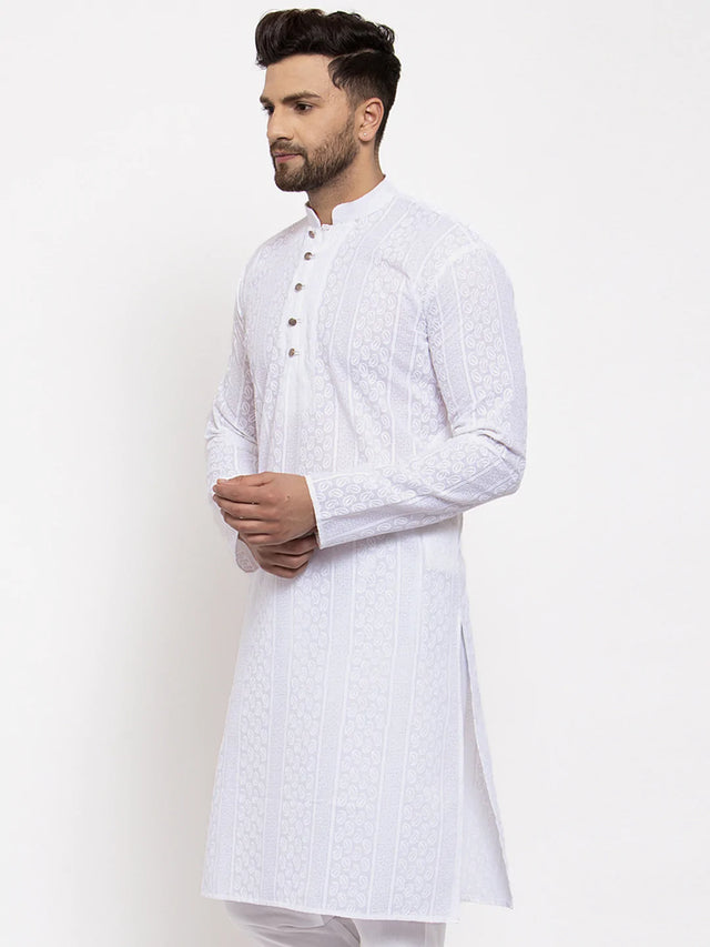 Men's White Cotton Embroidered Kurta Top