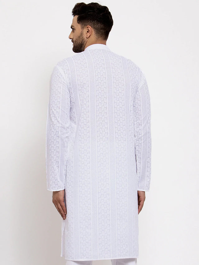 Men's White Cotton Embroidered Kurta Top