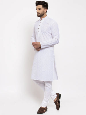 Men's White Cotton Embroidered Kurta Top