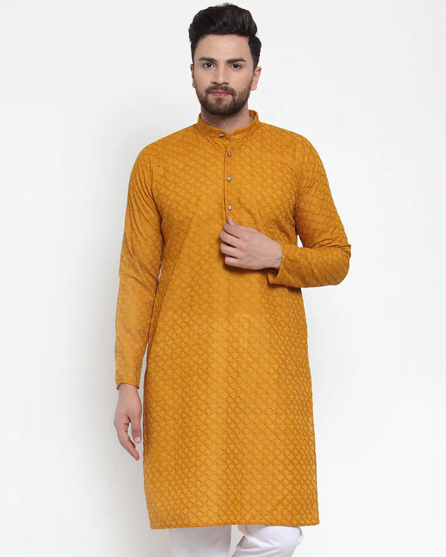 Men's Mustard Cotton Embroidered Kurta Top
