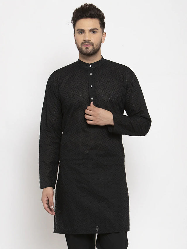 Men's Black Cotton Embroidered Kurta Top