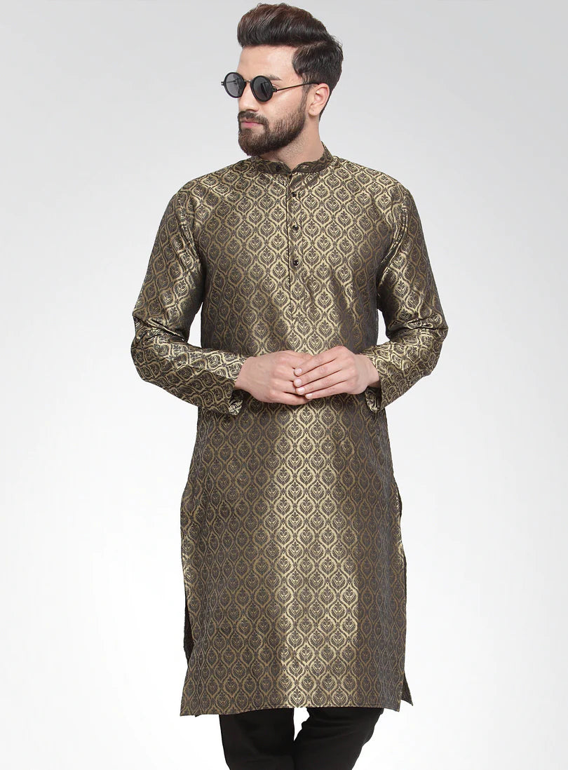 Men's Gold Jacquard Silk Woven Design Kurta Top